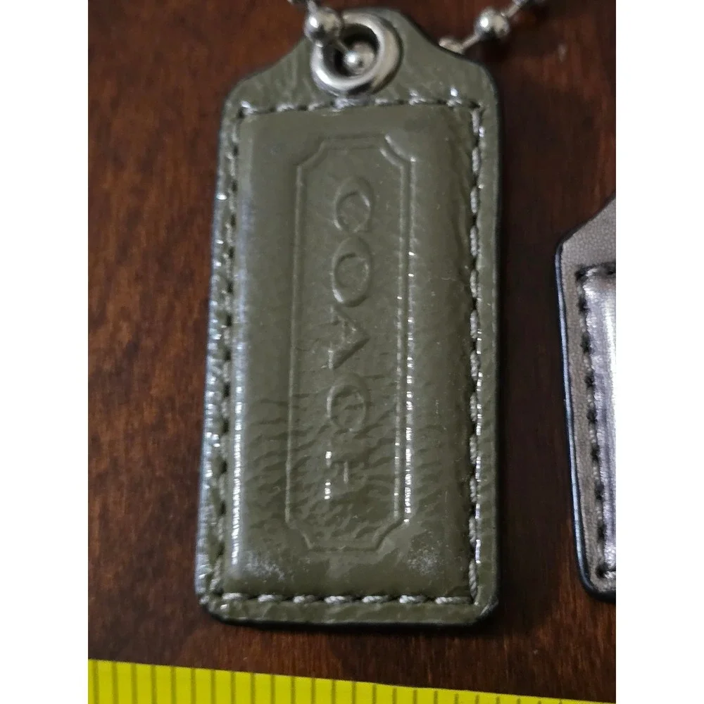 Coach Leather Hangtag lot Olive Green Patent and Metallic Silver Replacement Tag